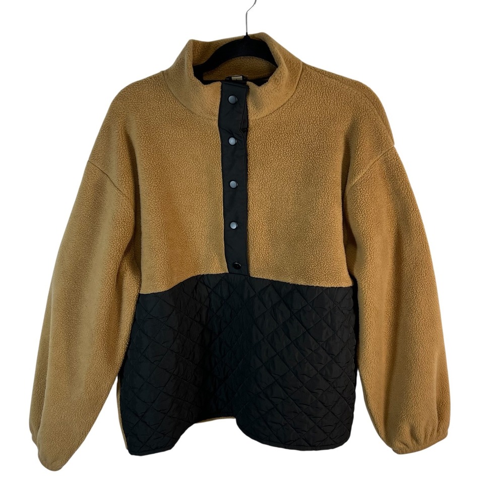 J.Crew Sherpa‎ Fleece Quilted Mixed Media Snap Mock Neck Pullover Camel Black L